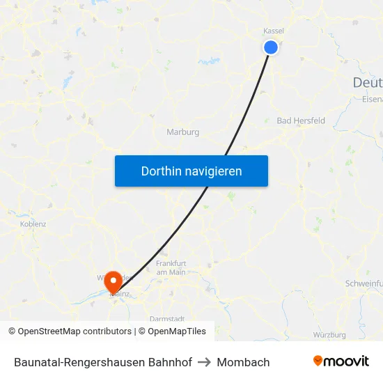 Baunatal-Rengershausen Bahnhof to Mombach map