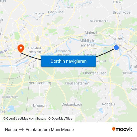 Hanau to Frankfurt am Main Messe map