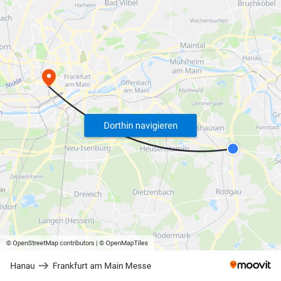 Hanau to Frankfurt am Main Messe map