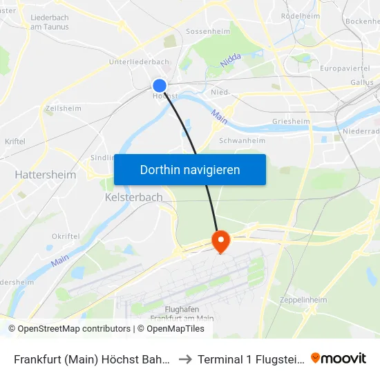 Frankfurt (Main) Höchst Bahnhof to Terminal 1 Flugsteig B map