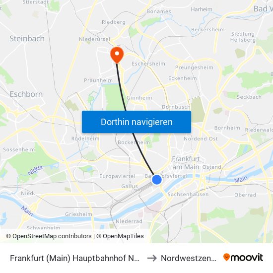 Frankfurt (Main) Hauptbahnhof Nordseite to Nordwestzentrum map