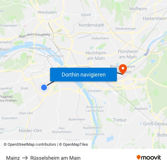 Mainz to Rüsselsheim am Main map