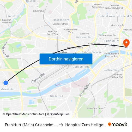 Frankfurt (Main) Griesheim Bahnhof to Hospital Zum Heiligen Geist map