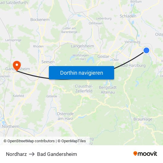 Nordharz to Bad Gandersheim map