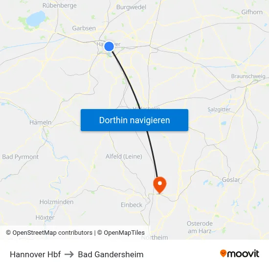 Hannover Hbf to Bad Gandersheim map
