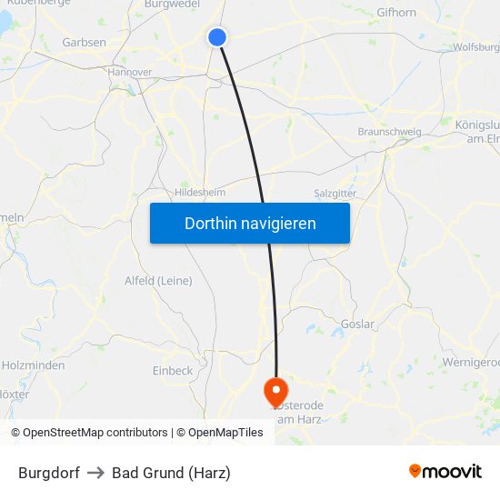 Burgdorf to Bad Grund (Harz) map