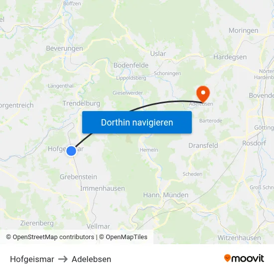 Hofgeismar to Adelebsen map