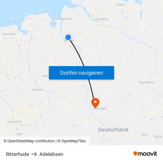 Ritterhude to Adelebsen map