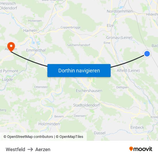 Westfeld to Aerzen map