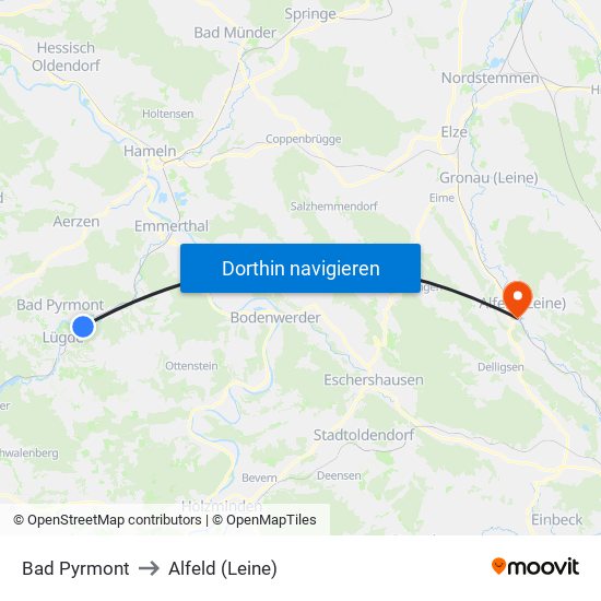 Bad Pyrmont to Alfeld (Leine) map