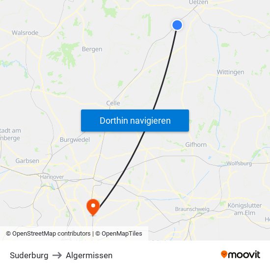 Suderburg to Algermissen map