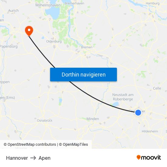 Hannover to Apen map