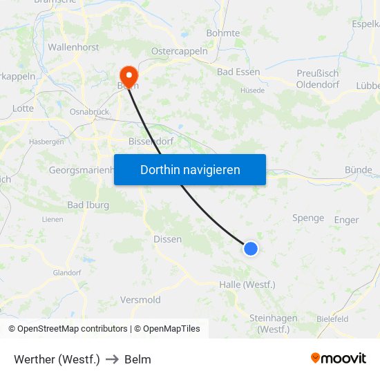 Werther (Westf.) to Belm map