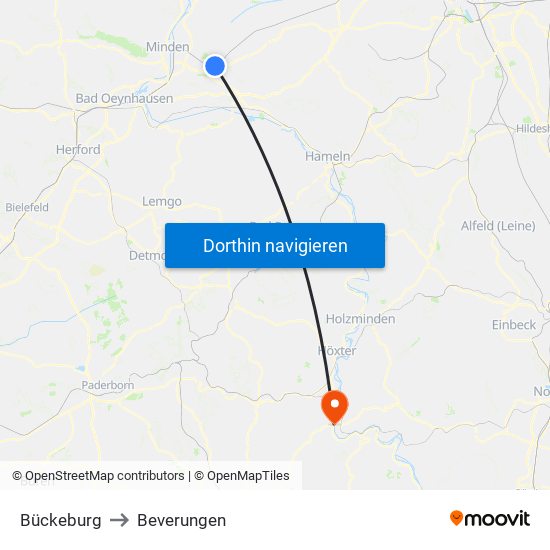 Bückeburg to Beverungen map