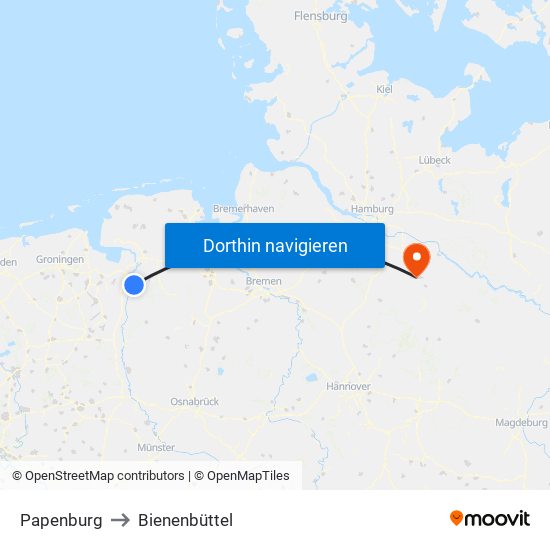 Papenburg to Bienenbüttel map
