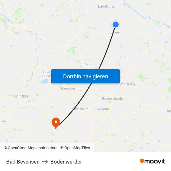 Bad Bevensen to Bodenwerder map