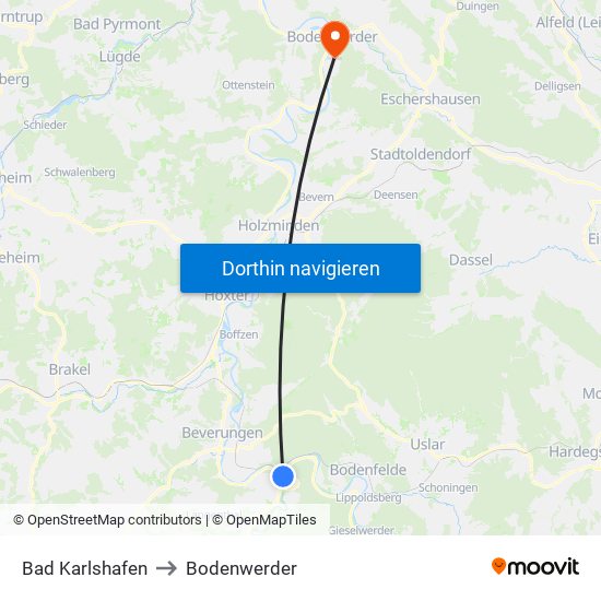 Bad Karlshafen to Bodenwerder map