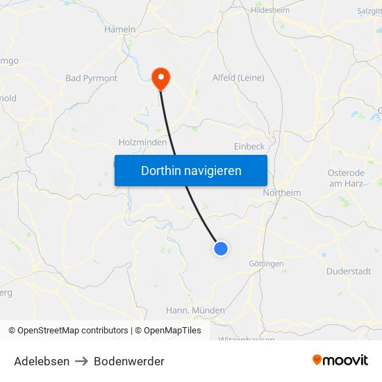 Adelebsen to Bodenwerder map