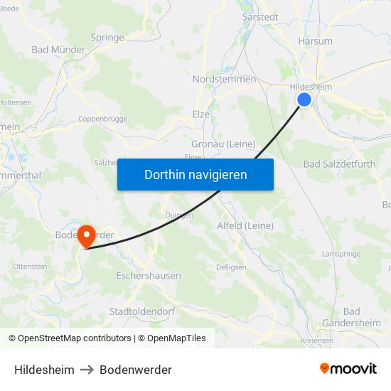 Hildesheim to Bodenwerder map