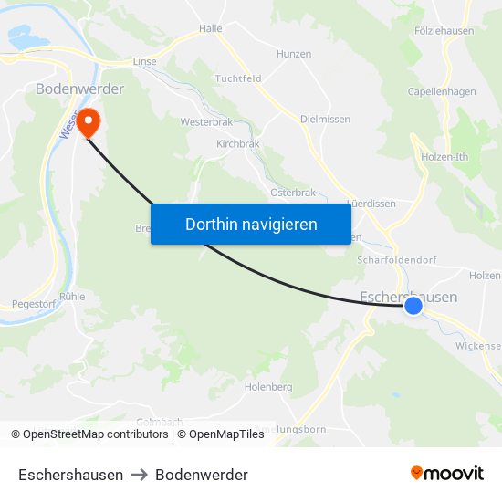 Eschershausen to Bodenwerder map