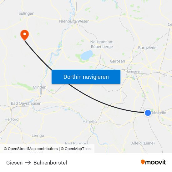 Giesen to Bahrenborstel map