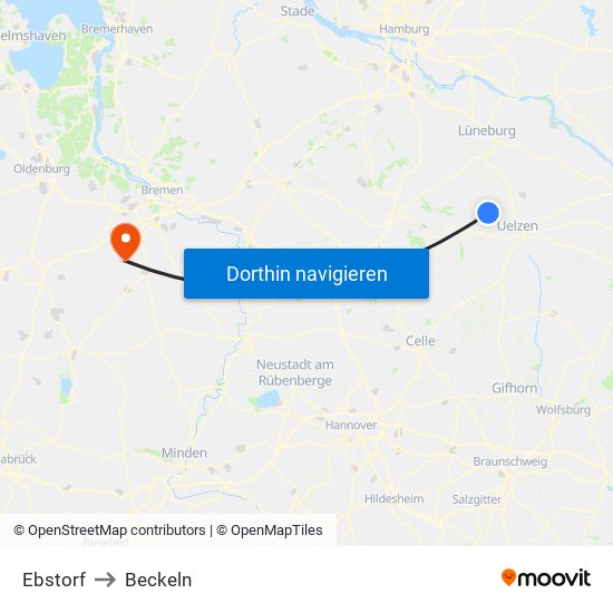 Ebstorf to Beckeln map