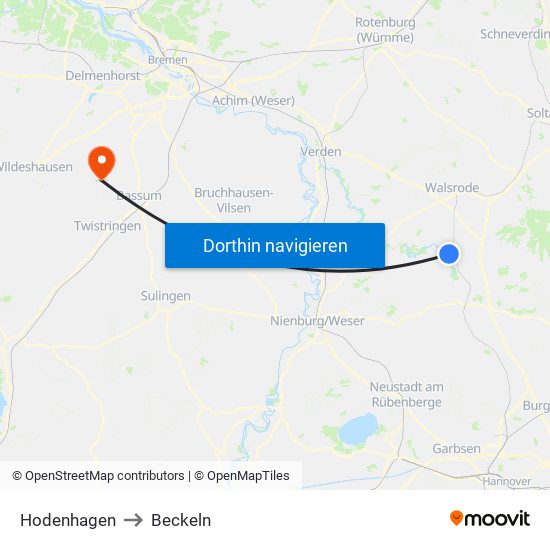 Hodenhagen to Beckeln map