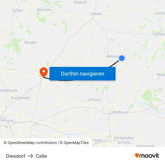 Diesdorf to Celle map