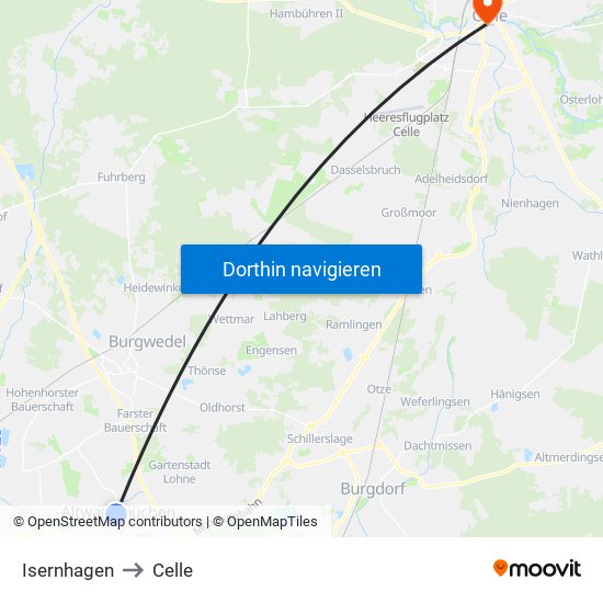 Isernhagen to Celle map