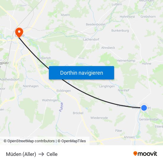 Müden (Aller) to Celle map