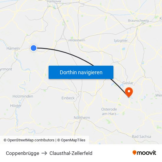 Coppenbrügge to Clausthal-Zellerfeld map