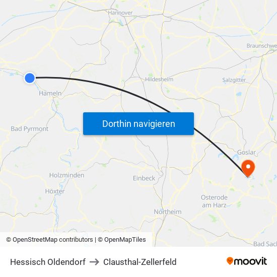 Hessisch Oldendorf to Clausthal-Zellerfeld map