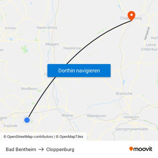 Bad Bentheim to Cloppenburg map