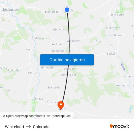 Winkelsett to Colnrade map