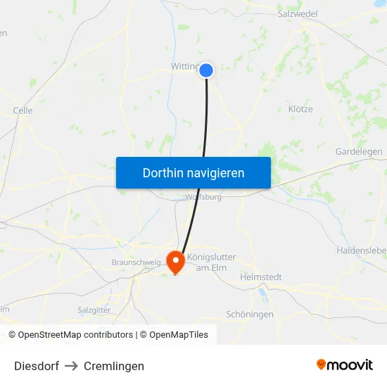 Diesdorf to Cremlingen map