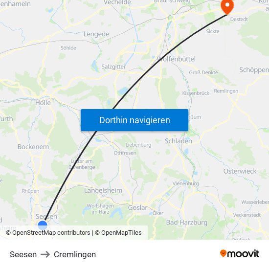 Seesen to Cremlingen map