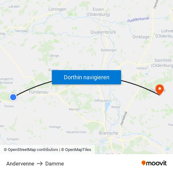 Andervenne to Damme map