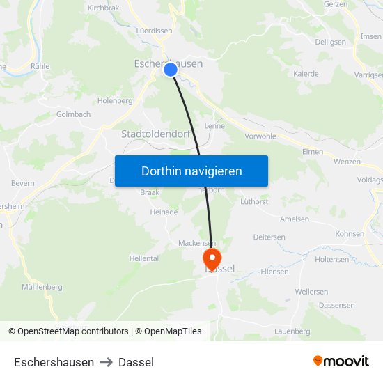 Eschershausen to Dassel map