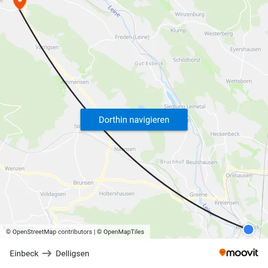Einbeck to Delligsen map