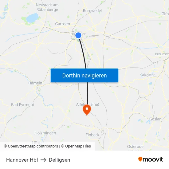 Hannover Hbf to Delligsen map