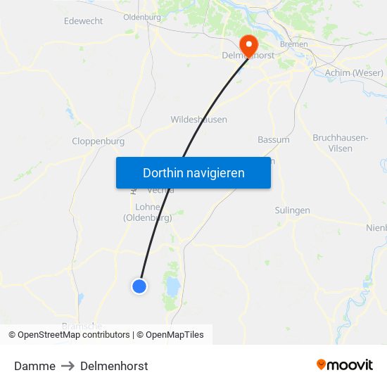 Damme to Delmenhorst map