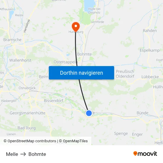 Melle to Bohmte map