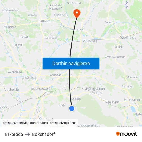 Erkerode to Bokensdorf map