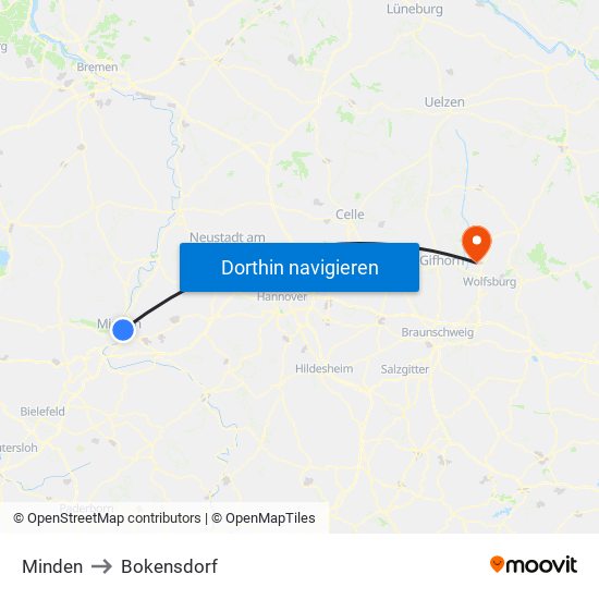 Minden to Bokensdorf map