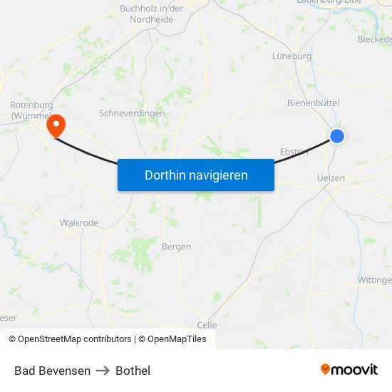 Bad Bevensen to Bothel map