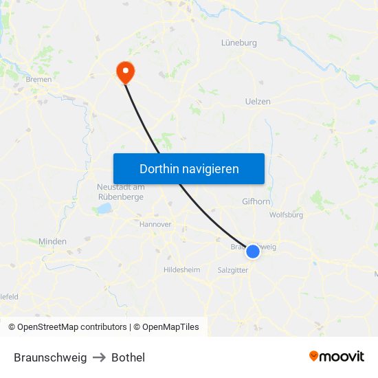 Braunschweig to Bothel map