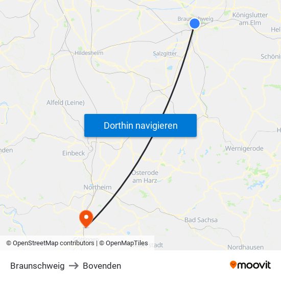 Braunschweig to Bovenden map