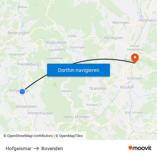 Hofgeismar to Bovenden map