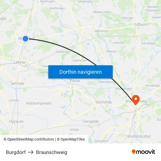 Burgdorf to Braunschweig map