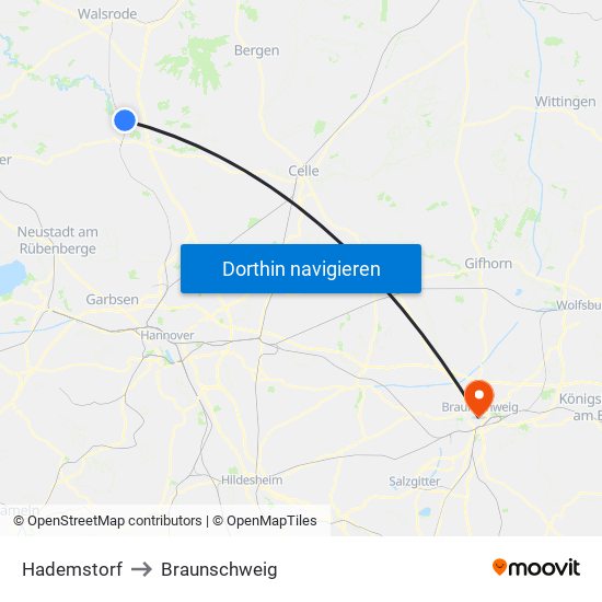 Hademstorf to Braunschweig map